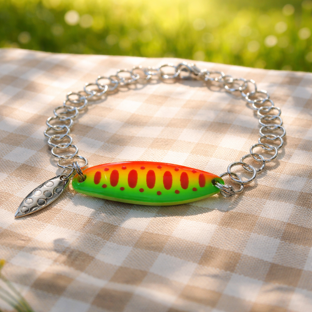 Bracelet with a colorful fishing lure charm on a checkered fabric background