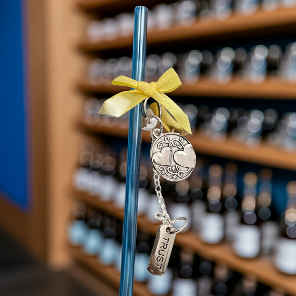 Decorative straw with charms and a yellow ribbon against a blurred background of bottles.