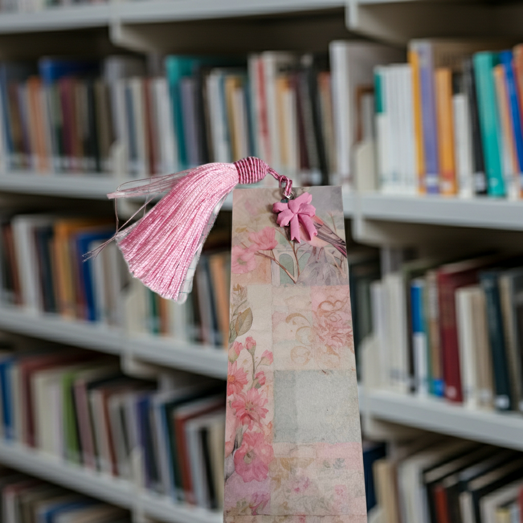 Pink Floral Print Bookmark | Pressed Flower Bookmark with Tassel in a book