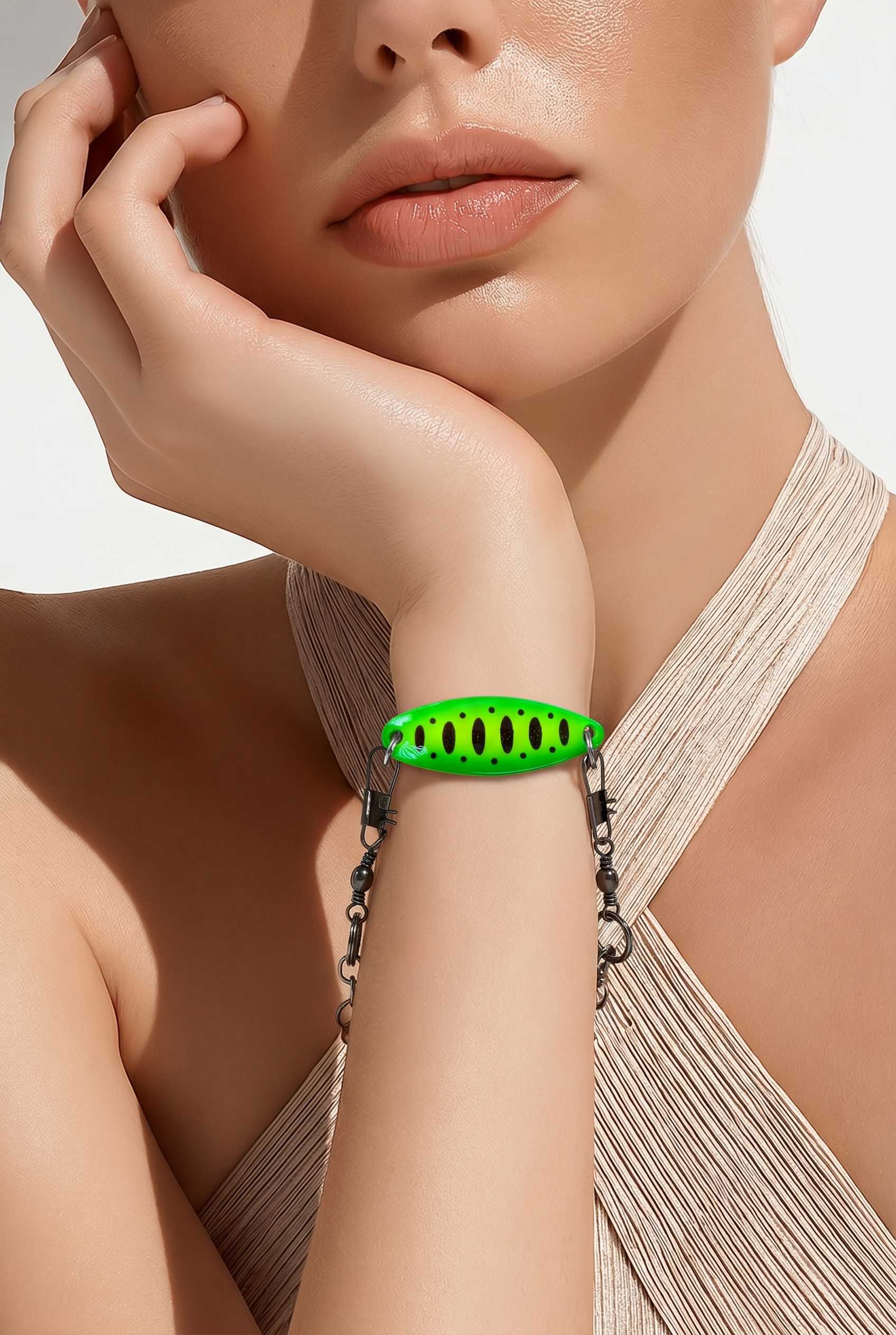Close-up of a woman wearing a green bracelet with a black chain on a neutral background